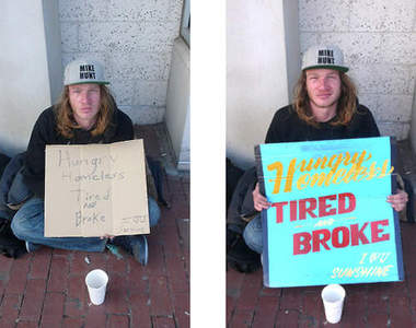 《幫助流浪漢》藝術家繪製顯眼手牌~