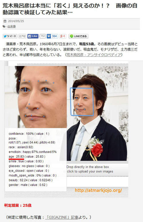 荒木飛呂彦的顏秘密透過網頁偵測出的年齡竟然是