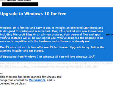 警告《Windows10更新郵件有病毒》假裝由微軟寄出別被騙