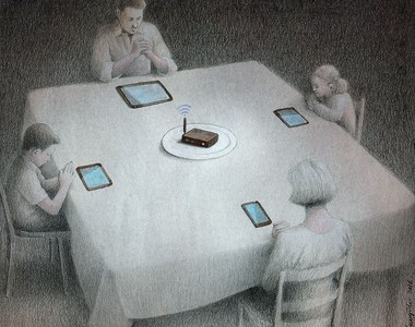 《諷刺插畫》餐桌上好像真的放平板或手機就飽了...