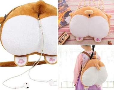 超療癒《網路爆紅的毛絨絨擬真柯基屁股包》耳機孔的位置肛肛好❤