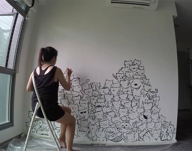 超可愛的《貓牆塗鴉》這樣的裝潢獨一無二又美好~還藏了小狗狗在裡面呢