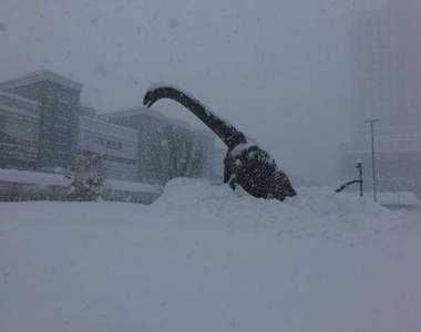 雪中奇景《福井車站進入冰河期》大雪覆蓋站前廣場讓恐龍再次面臨滅絕（誤）