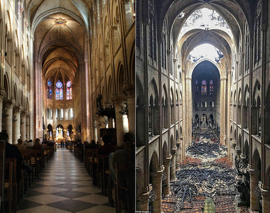 《巴黎聖母院大火》火災前後對比圖 大理石雕像都被燻黑了