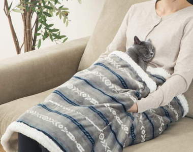 宜得利《跟寵物一起蓋的膝上毯》放進毛毯口袋裡的瞬間，毛孩全被收服❤