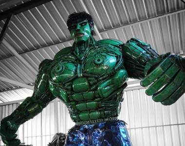 泰國工藝《金屬綠巨人浩克雕塑》用回收汽車零件製成的龐然大物