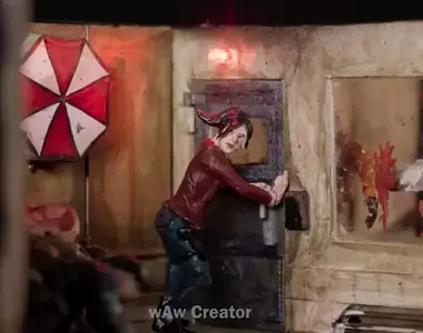 《惡靈古堡場景模型》還原遊戲中緊張刺激場景,即將破門而入的殭屍以及水下埋伏的大鱷魚