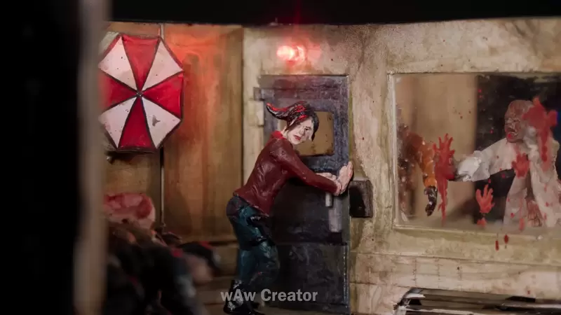 《惡靈古堡場景模型》還原遊戲中緊張刺激場景，即將破門而入的殭屍以及水下埋伏的大鱷魚