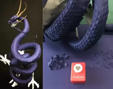 日本高手製作《用打洞器做出的立體龍模型》龍鱗其實是用愛心圖案的紙片堆疊而成
