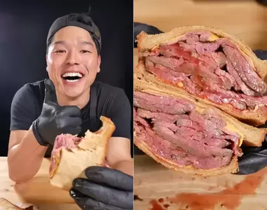 美食恐怖份子《超厚牛肉起司三明治》一擠一壓這鮮美肉汁滲出來~我不行惹