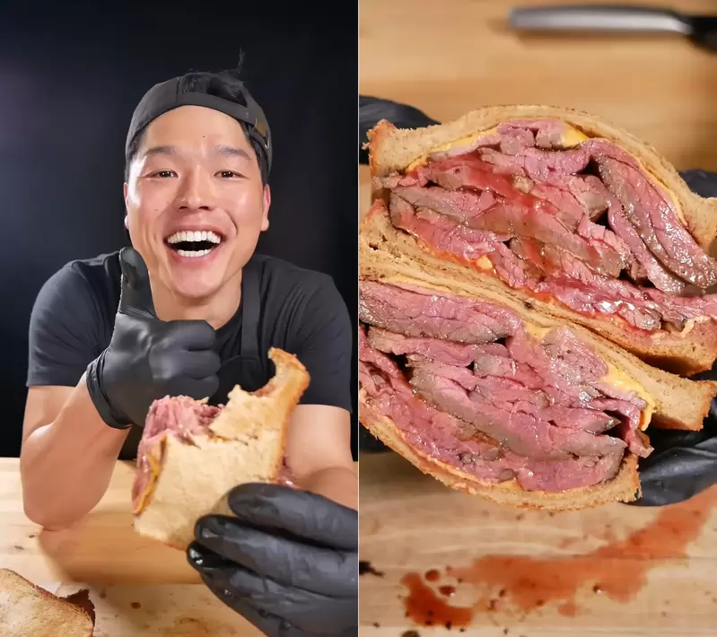 美食恐怖份子《超厚牛肉起司三明治》一擠一壓這鮮美肉汁滲出來~我不行惹