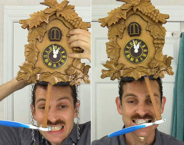 國外youtuber製作《古老時鐘鐘擺牙刷機》沒刷到鴿子跑出來報時機器還不會停喔