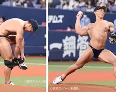 脫到剩三角褲、鞋帽！健美先生《横川尚隆》日本職棒史上最裸露開球！肌肉迷瘋狂❤