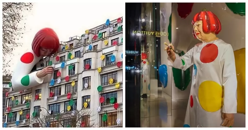 【有片】華麗狂氣《把全世界LV都變成草間彌生的形狀》左邊是超大型草間彌生，右邊是機器人草間彌生