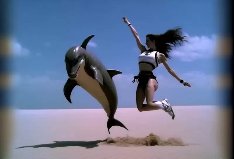 用AI生成的《80年代電影風格版最終幻想7》蒂法+海豚在沙漠中跳躍??? 用AI生成的《80年代電影風格版最終幻想7》蒂法+海豚在沙漠中跳躍???