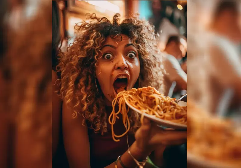 在AI繪圖上輸入《吃著義大利麵的人類》結果生成了一堆誇張暴食的圖片,這是為什麼!? 在AI繪圖上輸入《吃著義大利麵的人類》結果生成了一堆誇張暴食的圖片,這是為什麼!?