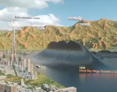 《人類有史以來最大海嘯》用電腦動畫模擬各種滔天巨浪,利圖亞灣地震造成的海嘯高達524公尺