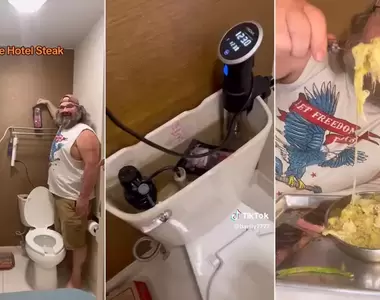 《飯店衛浴料理影片》馬桶水箱可以煮肉,吹風機拿來燒烤,這位大叔能在廁所完成所有事情!?