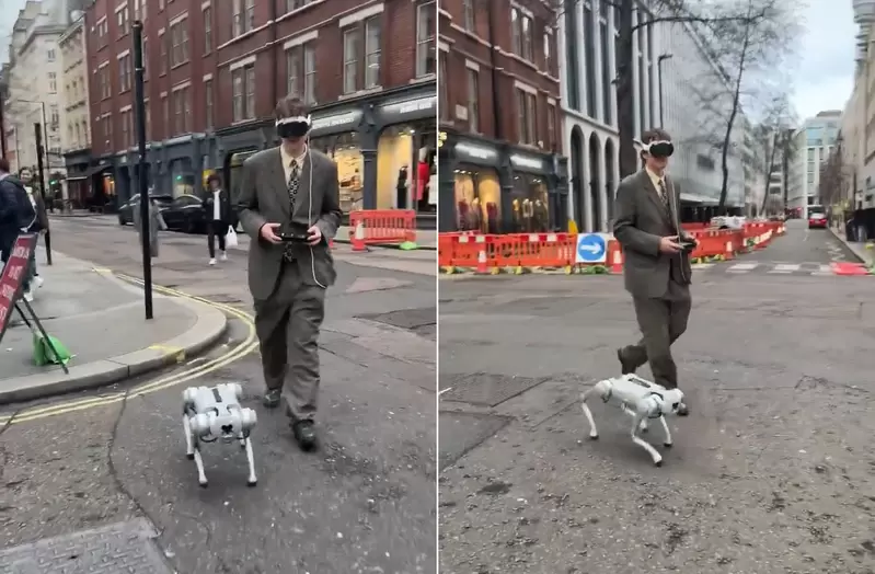 一邊戴著《Apple Vision Pro》一邊遛著機械狗 也許科幻的未來世界生活就長這樣？