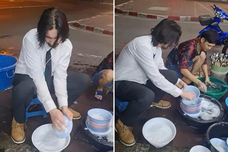 夜市驚見明星臉《泰國基努李維》網友發現長得像JohnWick的人在夜市裡洗碗！？