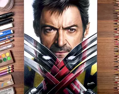 《死侍與金鋼狼》色鉛筆海報繪圖 這細膩的程度簡直就像是印表機列出來的一樣