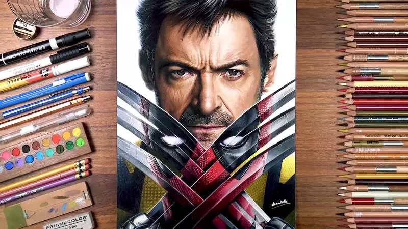 《死侍與金鋼狼》色鉛筆海報繪圖 這細膩的程度簡直就像是印表機列出來的一樣