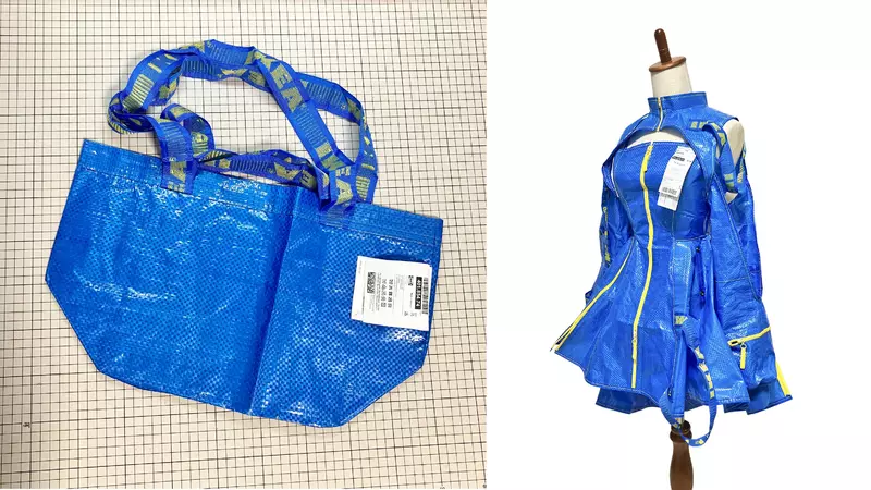 把IKEA的購物袋做成服飾 這一身閃亮亮的藍色像極了偶像團體的打歌服