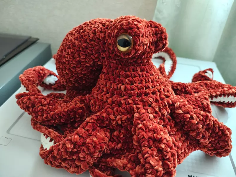 可以當成帽子戴在頭上的《章魚毛線編織家作品》這模樣真的像極了在海裡游得章魚