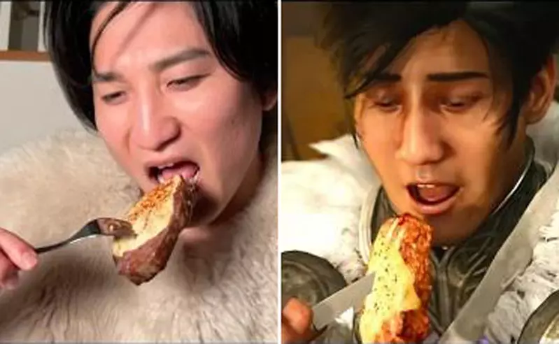 網友還原《魔物獵人荒野》中吃飯的動畫 實拍畫面跟捏角畫面放在一起簡直太像了吧XD 網友還原《魔物獵人荒野》中吃飯的動畫 實拍畫面跟捏角畫面放在一起簡直太像了吧XD