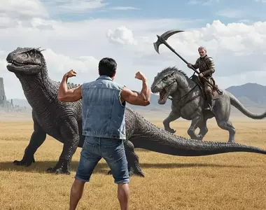 讓AI判斷《魔物獵人荒野》生成圖片 感覺有搭上邊不過中間那個肌肉男是怎麼回事?