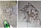 水畫藝術家的街邊作品 靠一罐灑水器順手就創作出了《賽馬娘》黃金船構圖