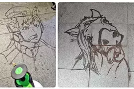水畫藝術家的街邊作品 靠一罐灑水器順手就創作出了《賽馬娘》黃金船構圖 水畫藝術家的街邊作品 靠一罐灑水器順手就創作出了《賽馬娘》黃金船構圖
