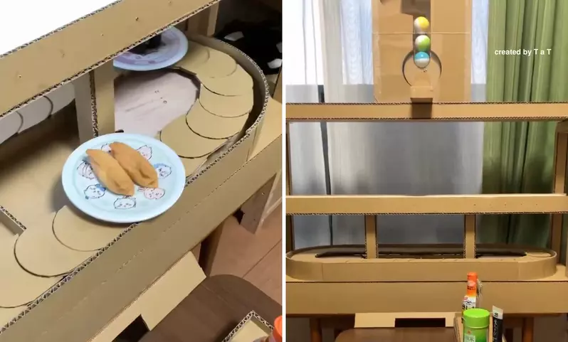 實在是太喜歡《藏壽司》的網友 在家裡用厚紙板做了自動迴轉壽司機~OHH