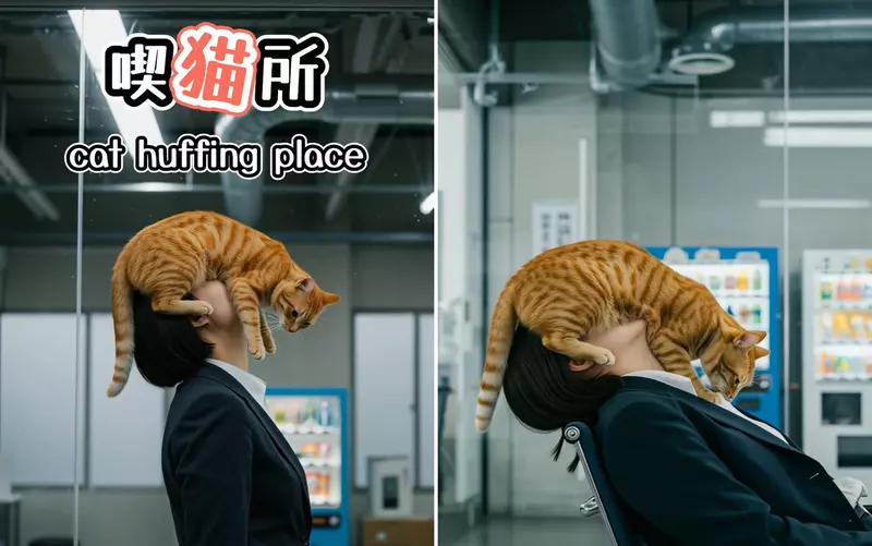 網友用AI創作的搞笑創意，如果把吸菸室改成了吸貓室，那是不是就間接實現了世界和平呢？