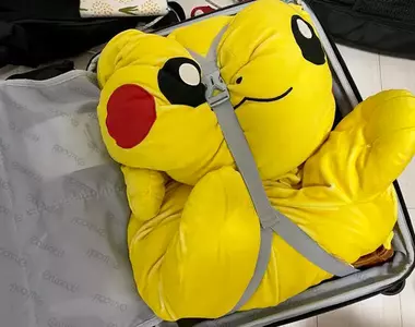 網友分享自己行李箱內的皮卡丘玩偶 沒它就會睡不著所以旅行一定都會帶著(綁)