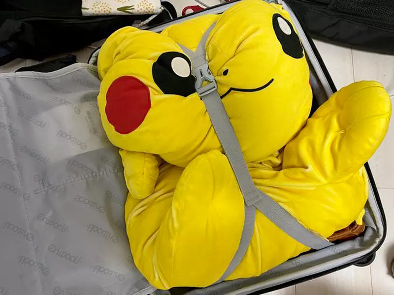 網友分享自己行李箱內的皮卡丘玩偶 沒它就會睡不著所以旅行一定都會帶著(綁) 網友分享自己行李箱內的皮卡丘玩偶 沒它就會睡不著所以旅行一定都會帶著(綁)