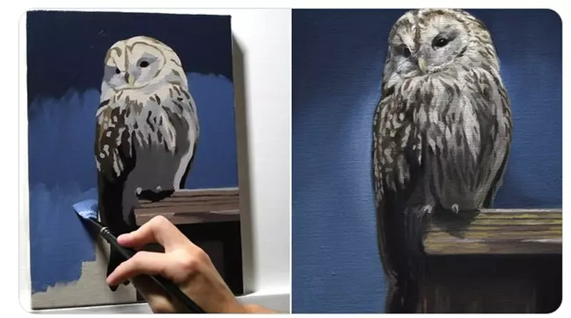 日本油畫藝術家的作品分享 3小時30分所畫出來的貓頭鷹差不多就長這樣子
