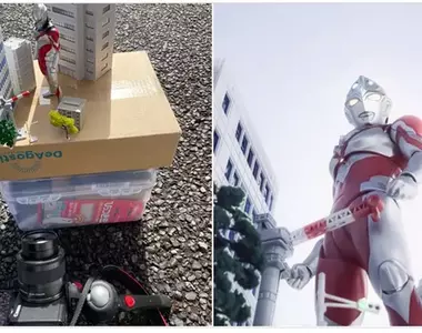 網友分享《超人力霸王》利用小道具由下往上拍的方式，可以讓模型玩具變得逼真又巨大