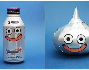 鋁罐藝術家使用《勇者鬥惡龍VII Reimagined》聯名能量飲料「ZONe」罐子做出金屬史萊姆