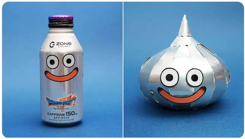 鋁罐藝術家使用《勇者鬥惡龍VII Reimagined》聯名能量飲料「ZONe」罐子做出金屬史萊姆
