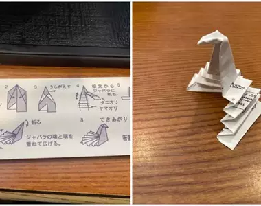 日料店免洗筷套上的《小鳥筷架》摺法說明 網友按照指示做出來結果出現了超乎預期的成品