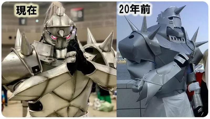 《鋼之鍊金術師》的角色扮演玩家 親手製作阿爾馮斯・愛力克的鎧甲，擺出照片回顧20年前的自己