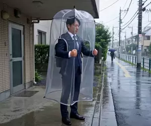 網友AI發想《全罩式背包雨衣》這樣不但免撐傘騰出來的雙手還可以吃飯糰