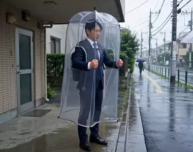 網友AI發想《全罩式背包雨衣》這樣不但免撐傘騰出來的雙手還可以吃飯糰