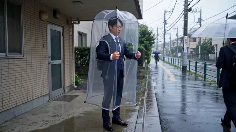 網友AI發想《全罩式背包雨衣》這樣不但免撐傘騰出來的雙手還可以吃飯糰